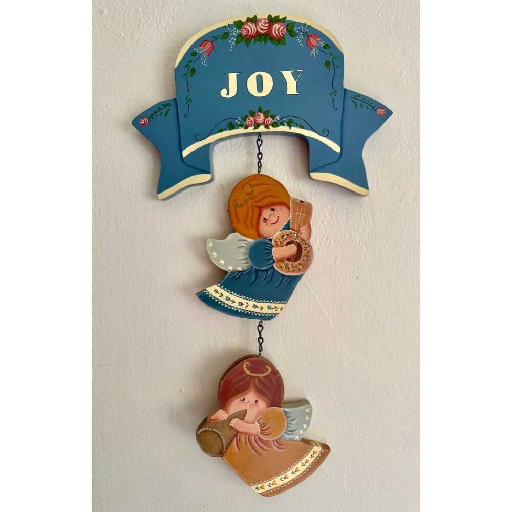 Vintage Hand Painted Wooden Christmas JOY Angel Wall Hanging, Cottage Core Tole